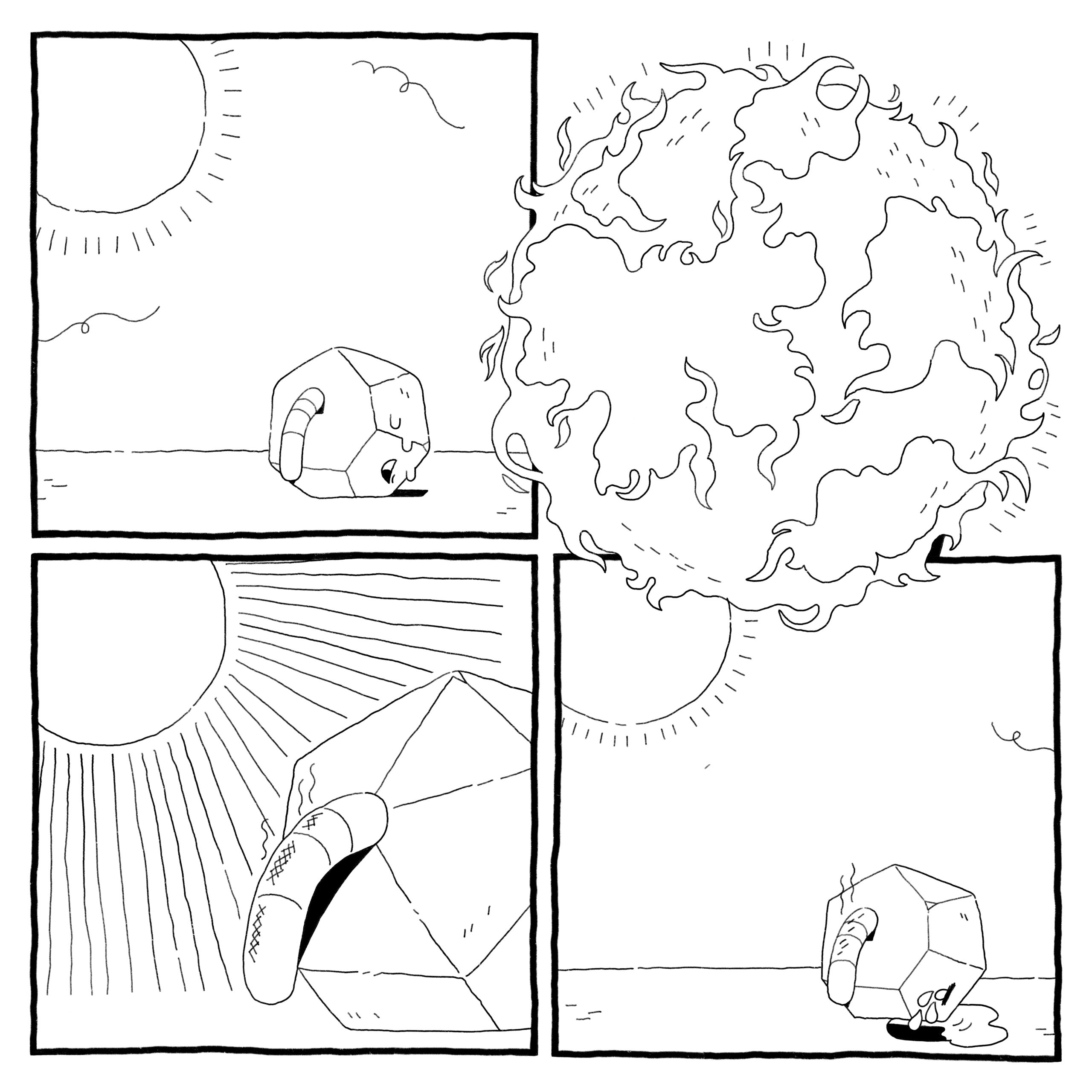 worm-in-a-rock god cannot move, and its worm-part burns under the new sun