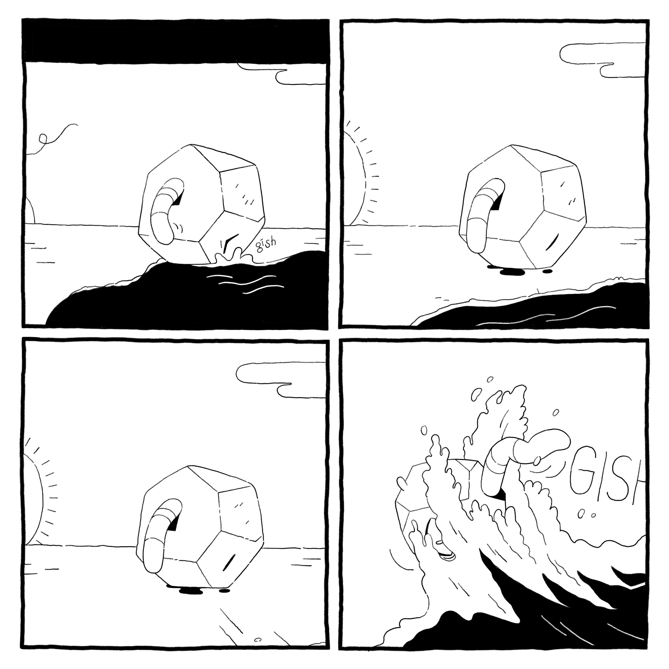 Worm-in-a-rock god sleeps while lapped at lightly by waves. They draw back and crash, tossing worm-in-a-rock god backwards.