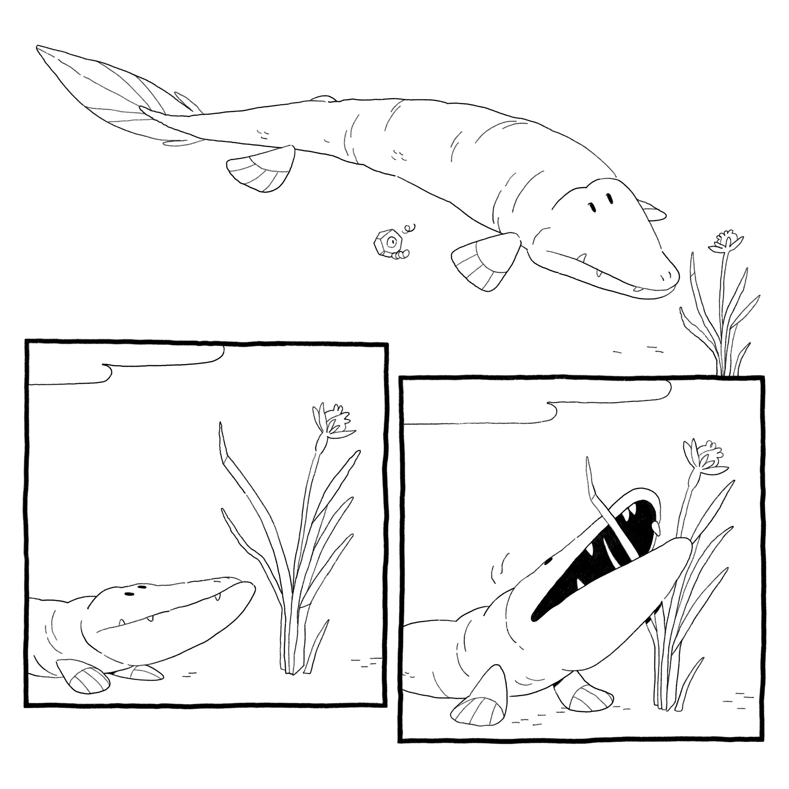 A tetrapod towers over worm-in-a-rock god. It takes a bite of a nearby plant.