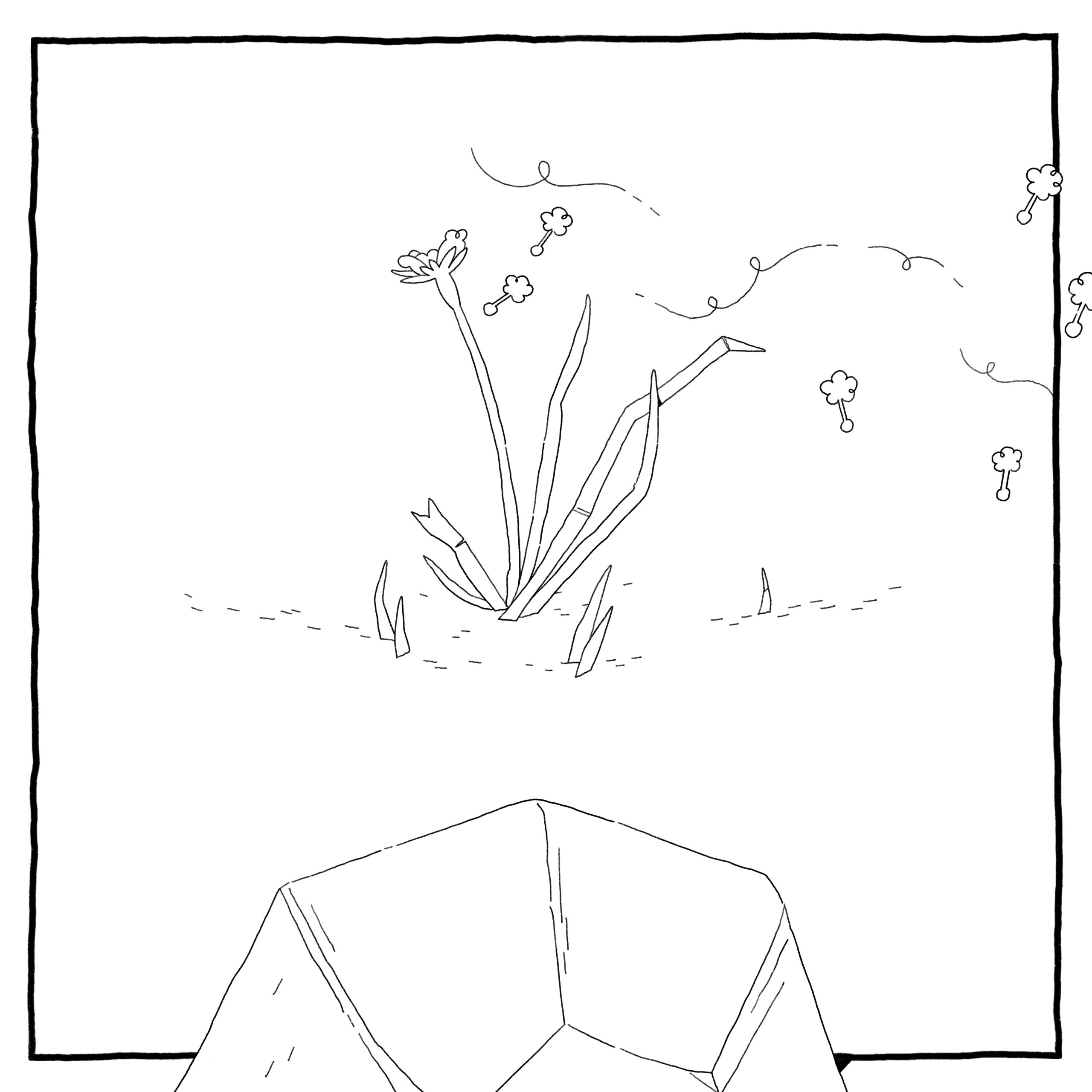 Worm-in-a-rock god watches as seeds are carried away by a breeze. 