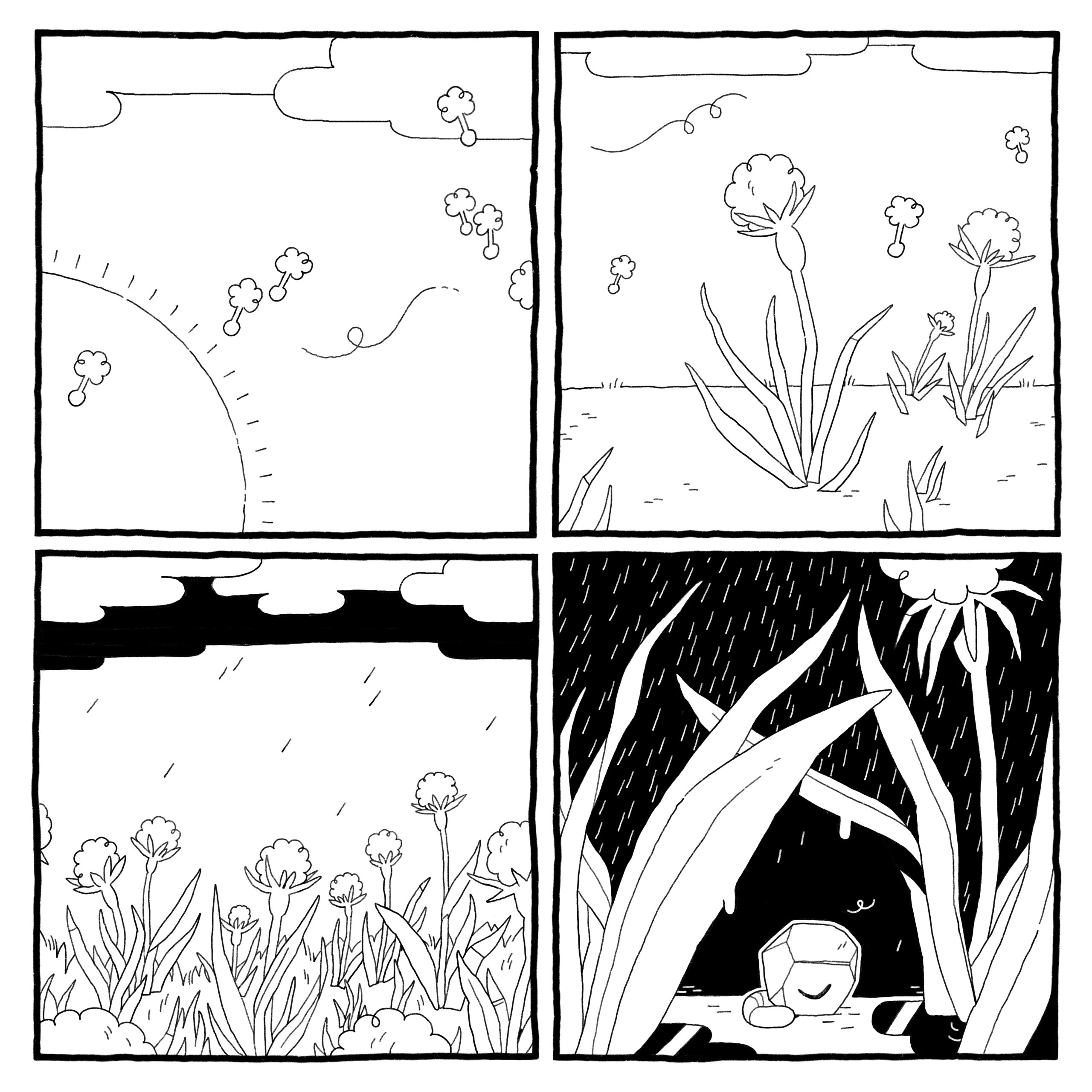 A comic. Seeds fly through the air and plants grow and grow. Rain falls. Worm-in-a-rock god snoozes in the shelter of some leaves.