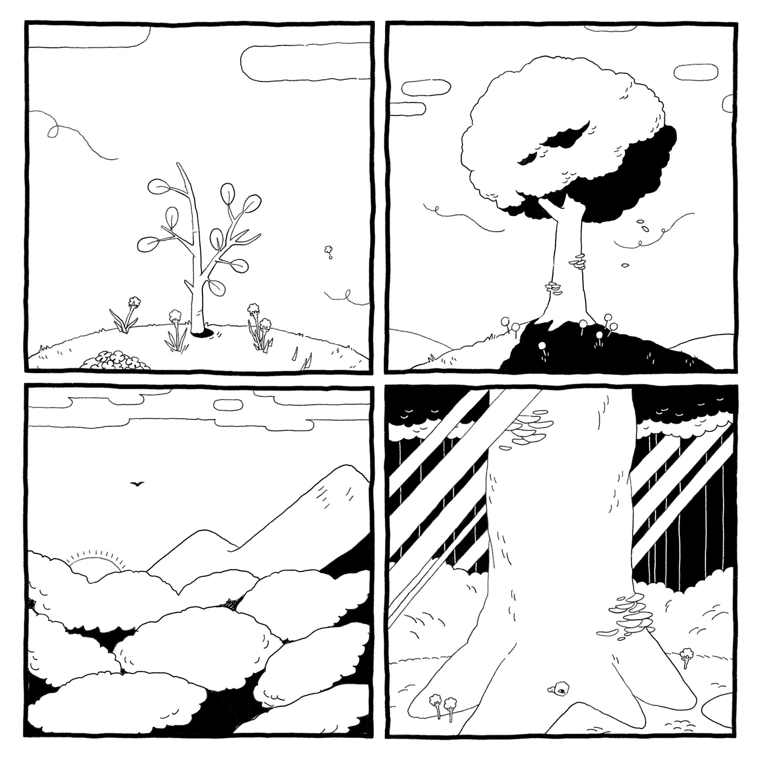 A sapling on a hill grows into a tree grows into a forest. Worm-in-a-rock god inches along the forest floor.
