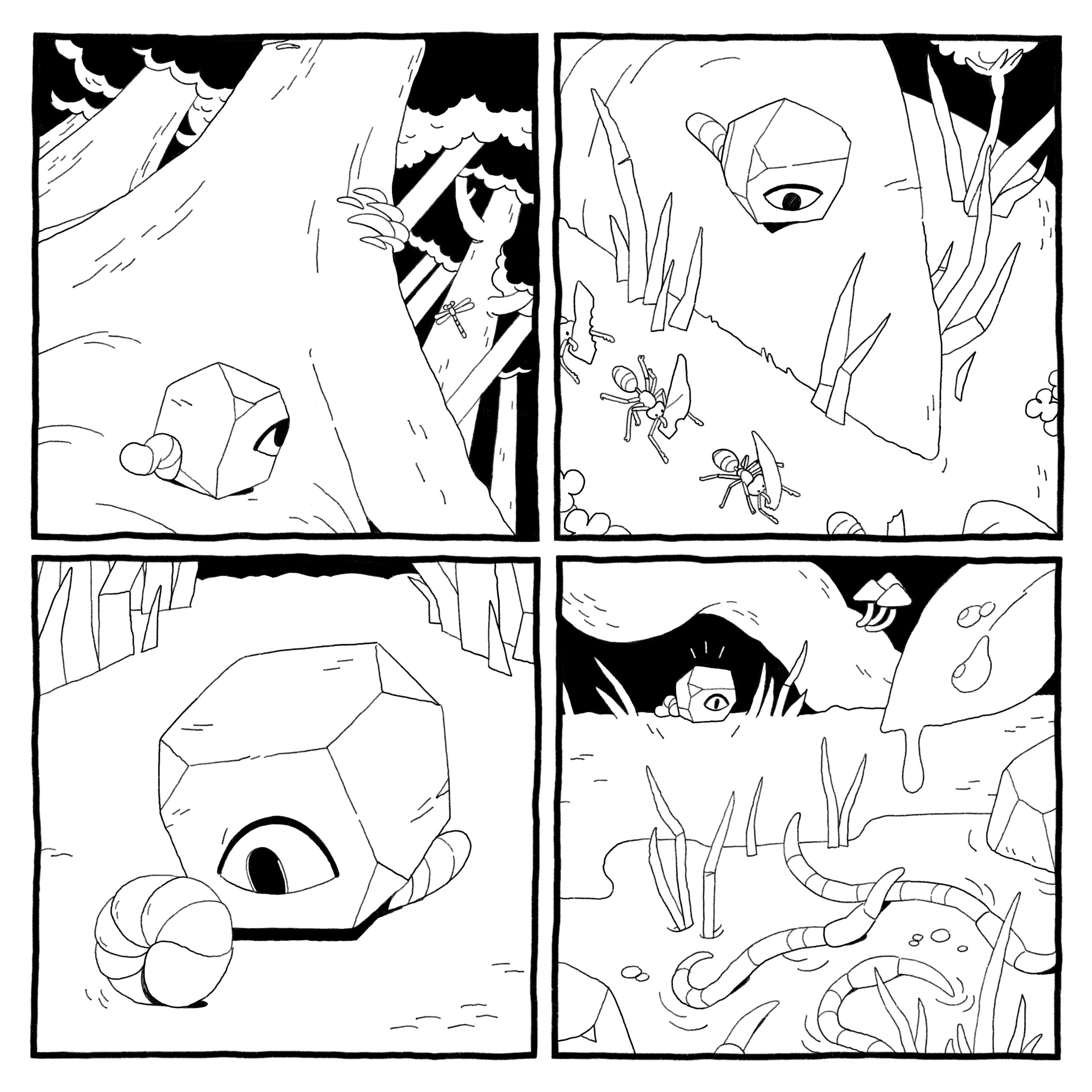 Worm-in-a-rock god looks at life on the forest floor. A damselfly overhead, a line of ants below. It closely investigates a rolled-up pillbug. Finally, worm-in-a-rock god happens across a clew of worms writhing in the mud.