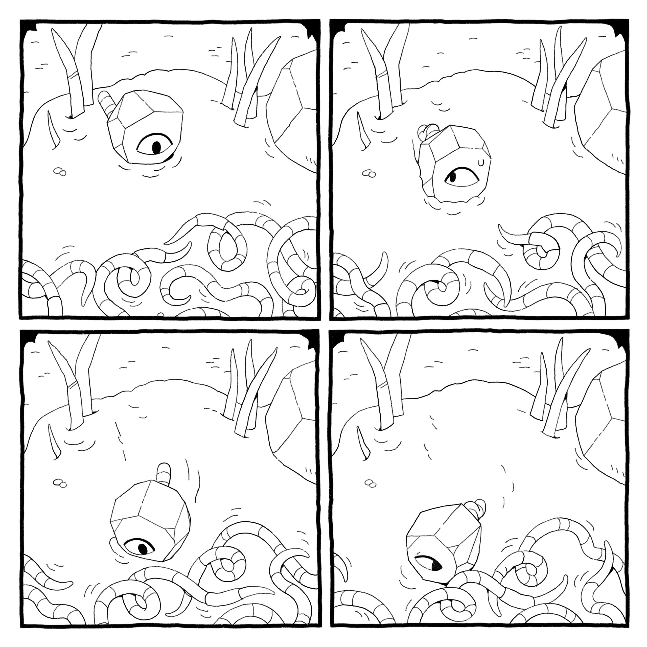 Worm-in-a-rock god cautiously approaches the mass of worms.