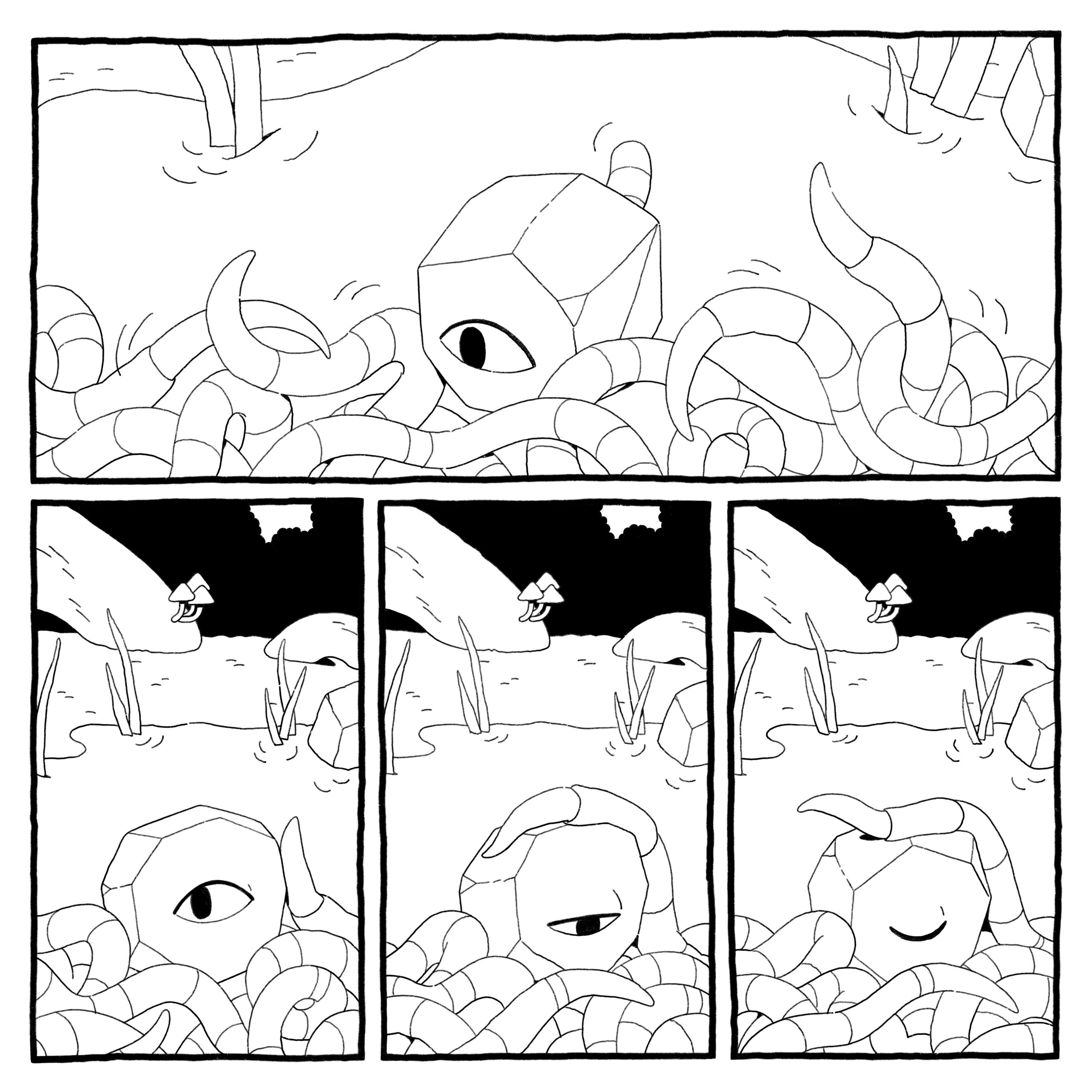 Worm-in-a-rock god finds comfort in the wriggling pile of worms. One worm drapes over worm-in-a-rock god as it closes its eye. 