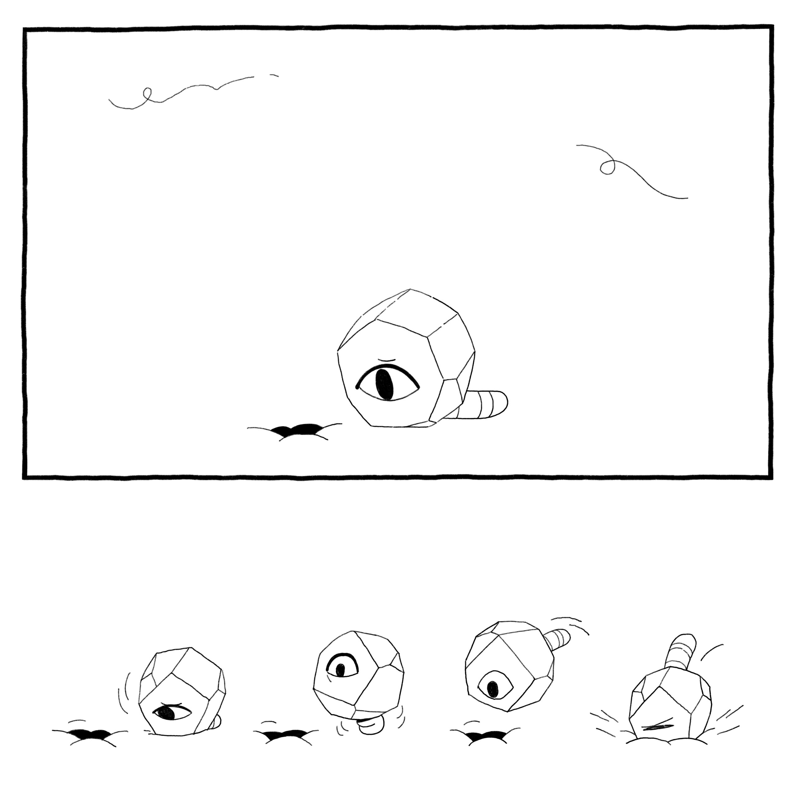 Worm-in-a-rock god is puzzled and attempts to follow, but cannot fit into the holes they dug. 