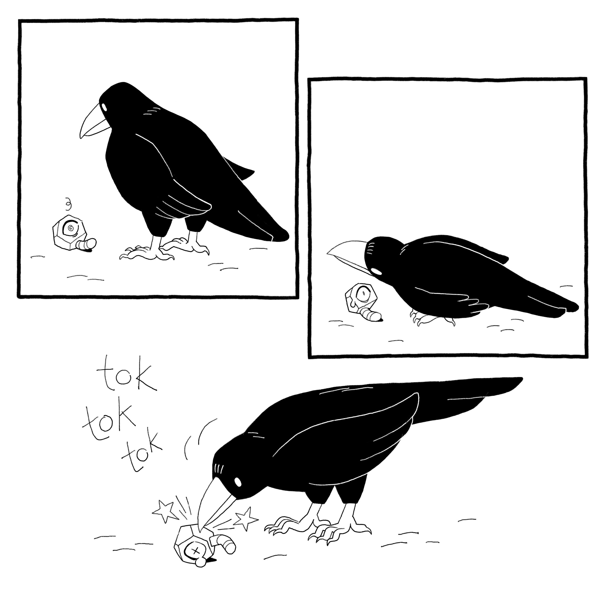 The bird is puzzled. It inspects worm-in-a-rock god closely and pecks it on the head.