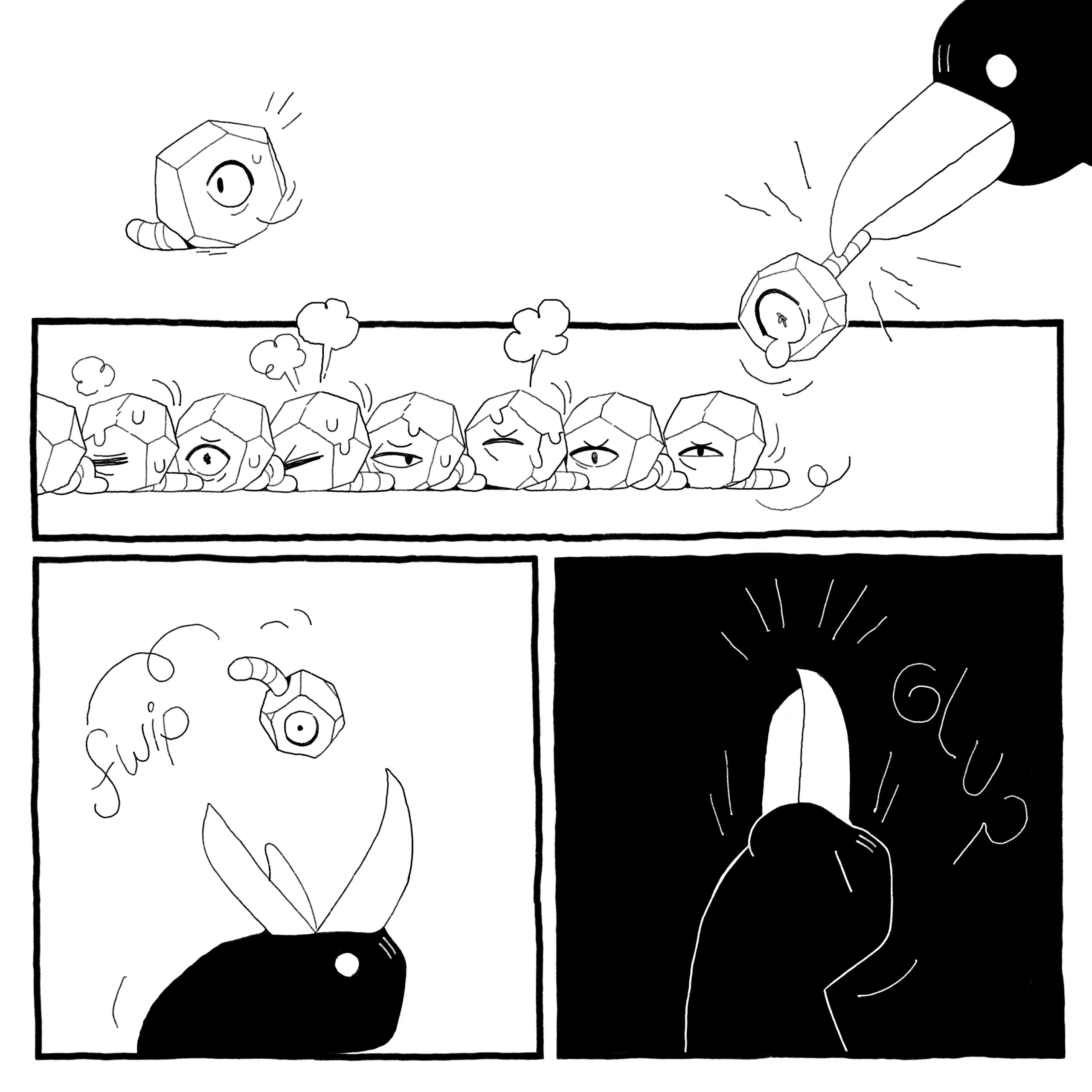 Worm-in-a-rock god flees but is snapped up by the crow. The bird flips it up into the air and swallows it with one bite.