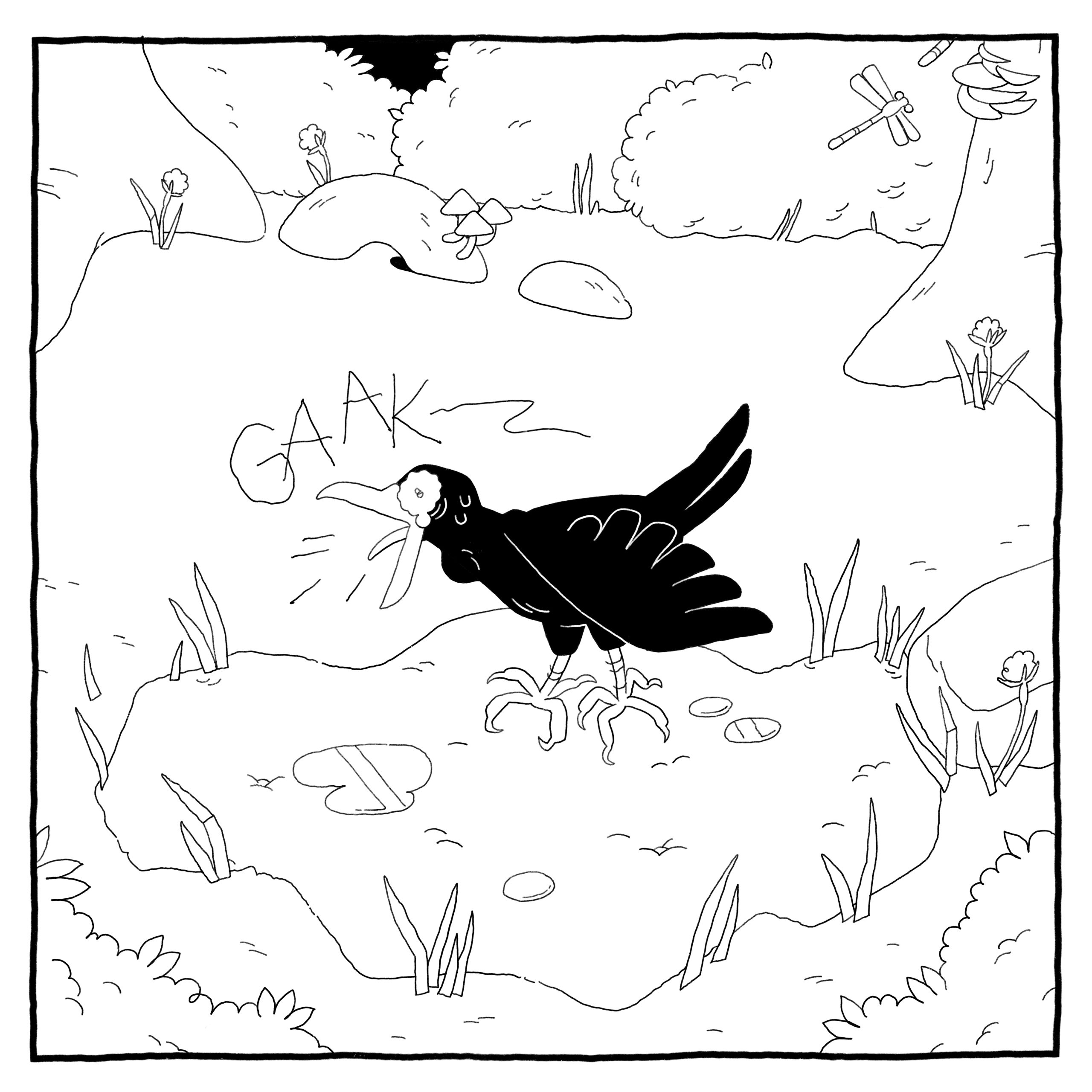 The crow chokes on worm-in-a-rock god.
