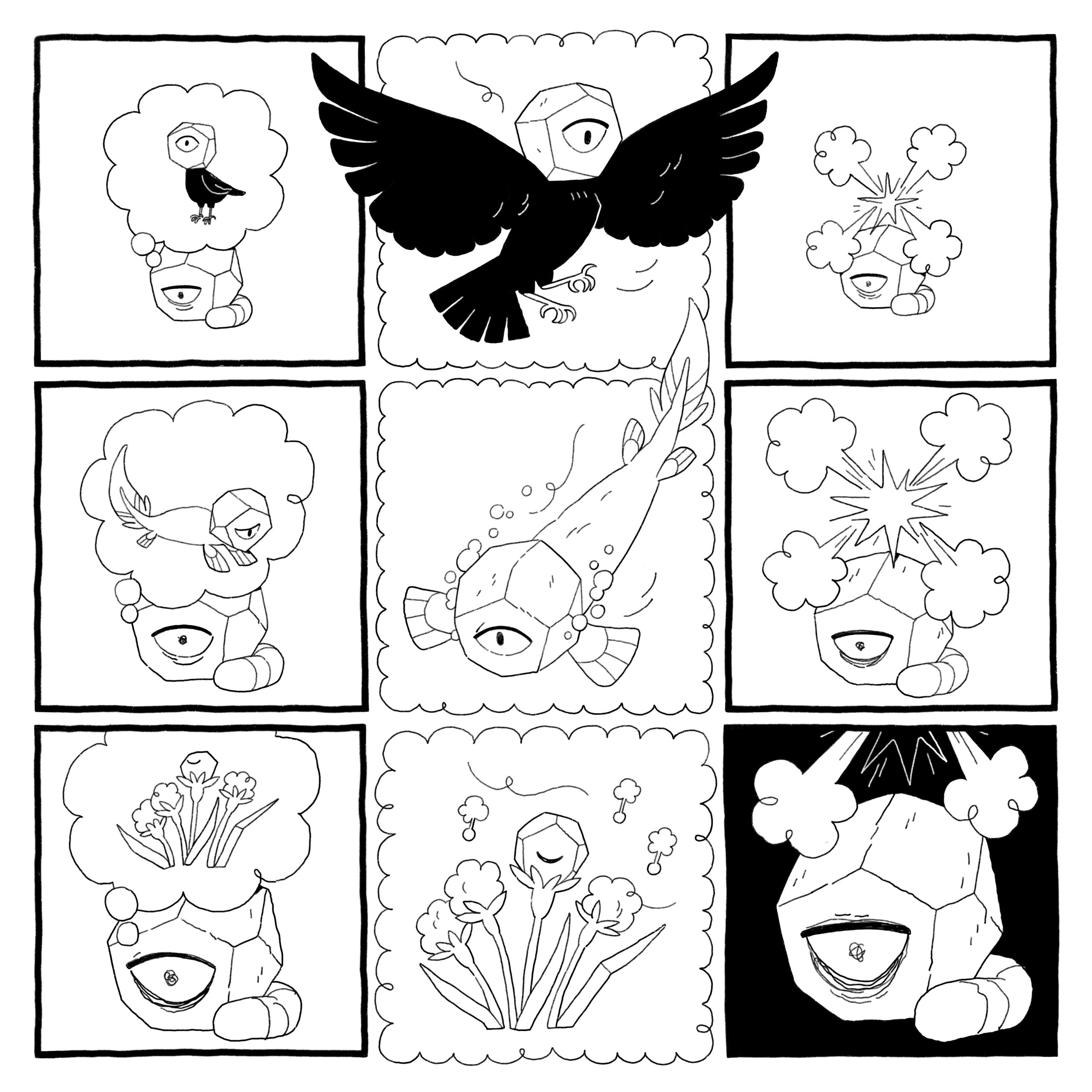 Worm-in-a-rock god tries to make itself a bird, a tetrapod, a dandelion. It does not work.