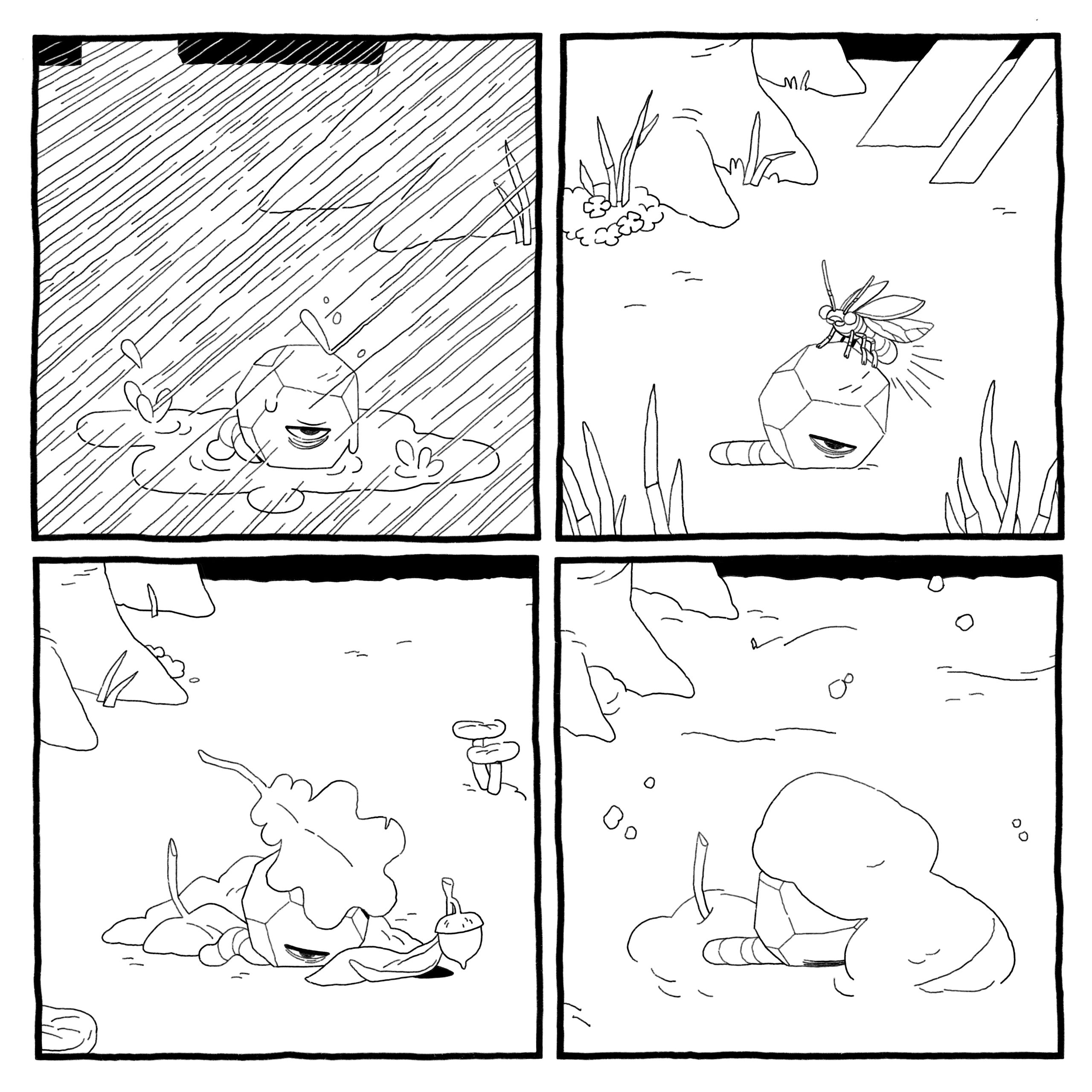 Worm-in-a-rock god tries to move on. It does not work. Spring, summer, autumn, and winter all pass.
