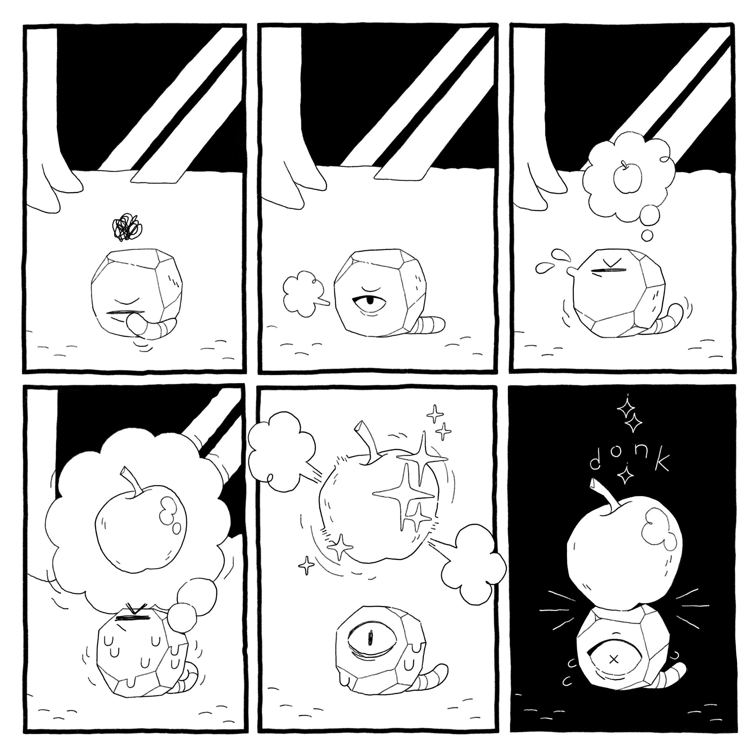Worm-in-a-rock god takes a deep breath and tries to create an apple. It works.
