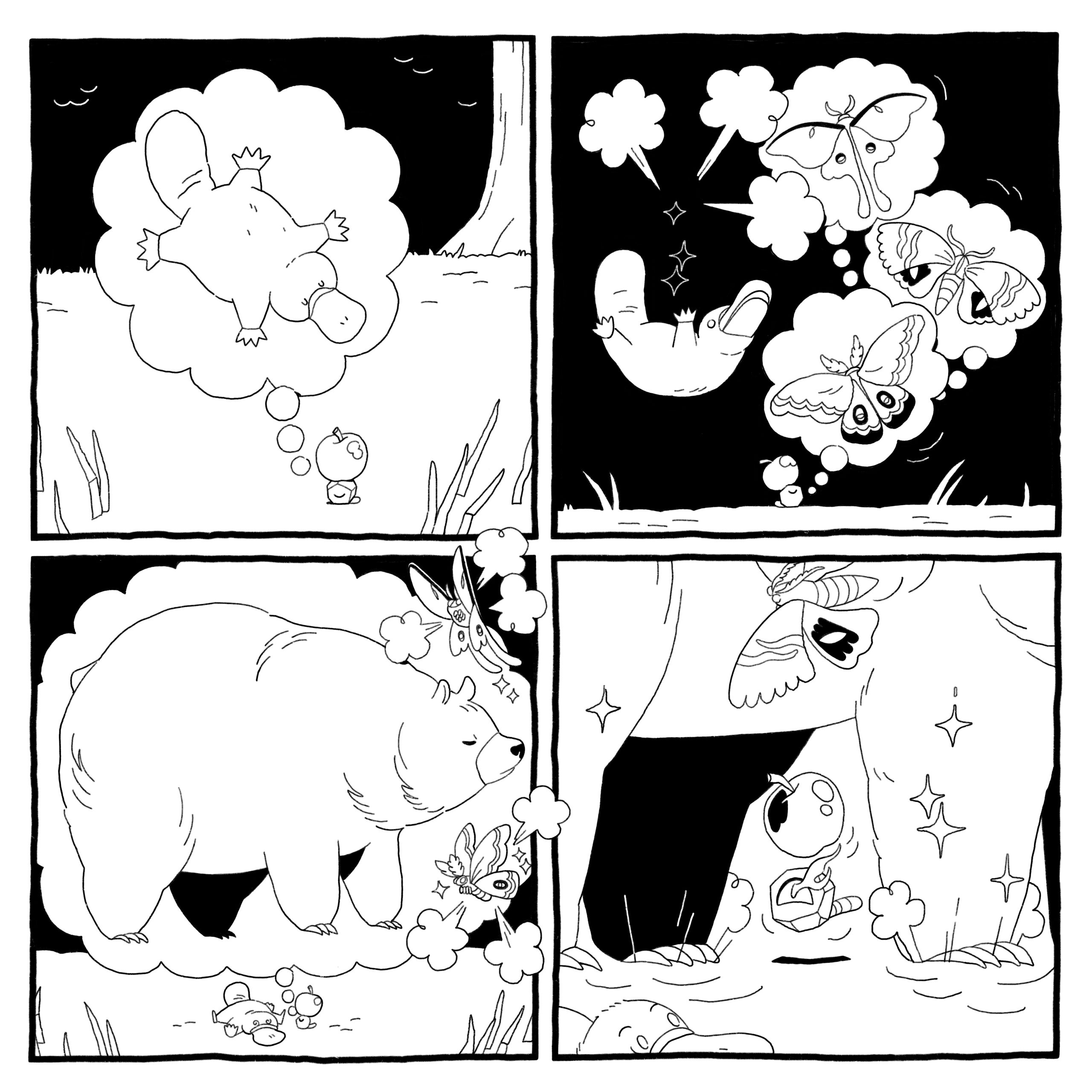 Worm-in-a-rock god creates a platypus, three moths, and a bear. As they are pulled into being, its eye ignites with excitement.