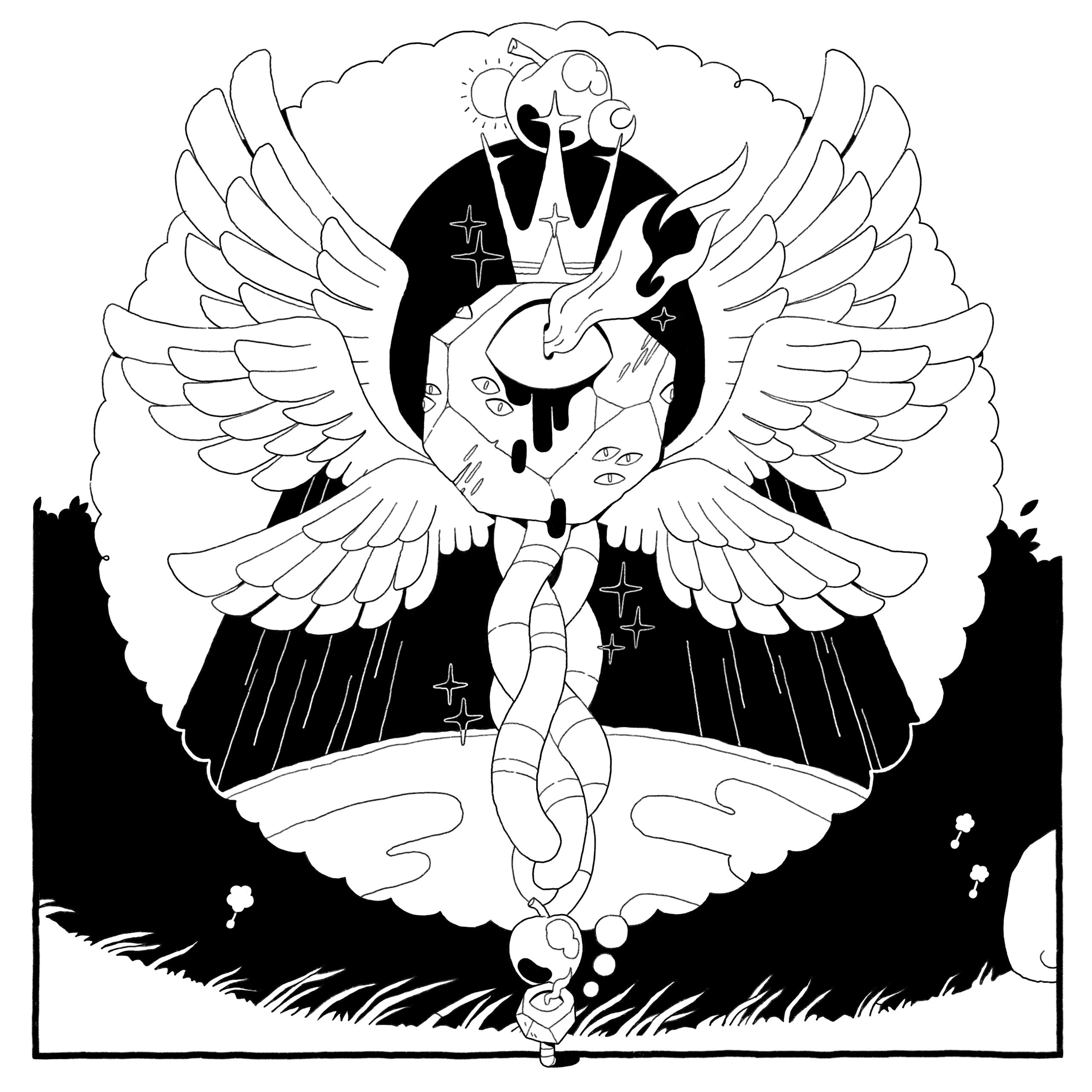 Worm-in-a-rock god, fired up from its creative spree, envisions itself a new godly form.