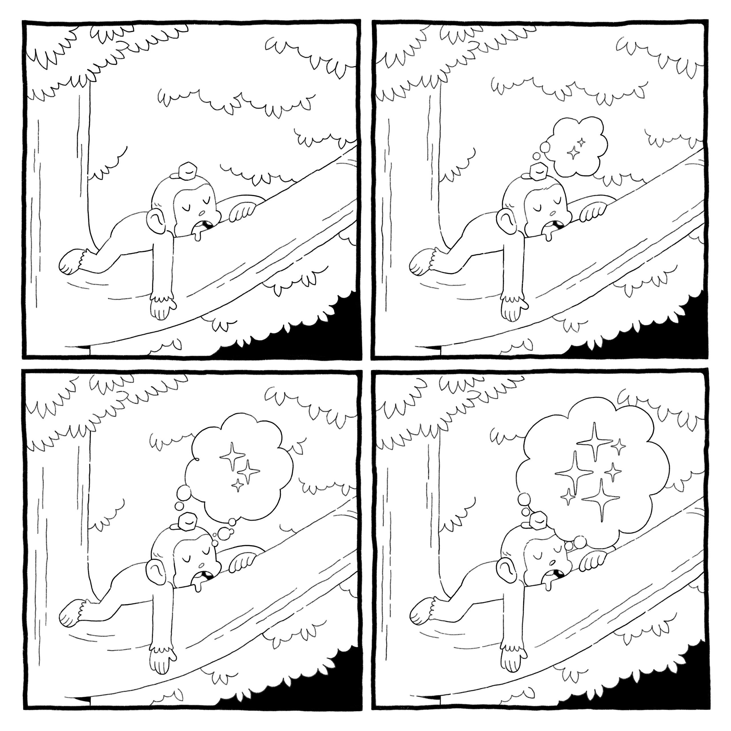 The primate sleeps on a tree branch, and worm-in-a-rock god sleeps on their head. Worm-in-a-rock god dreams of stars and somehow the primate does too.