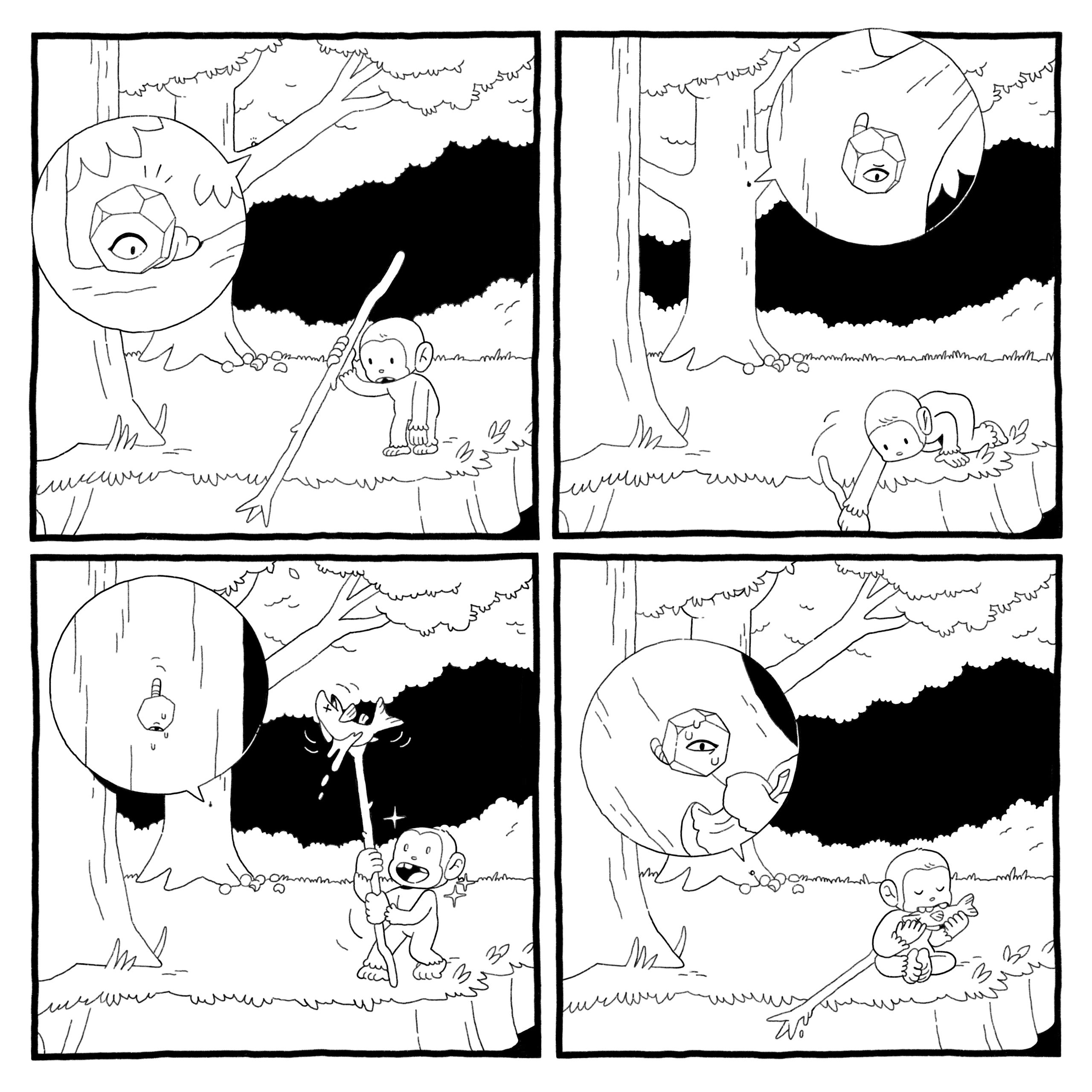 Worm-in-a-rock god crawls down the tree to see more closely what the primate is doing. They jab their sharpened stick into the water and pull up a fish, all before the worm-in-a-rock god makes it down the tree. 