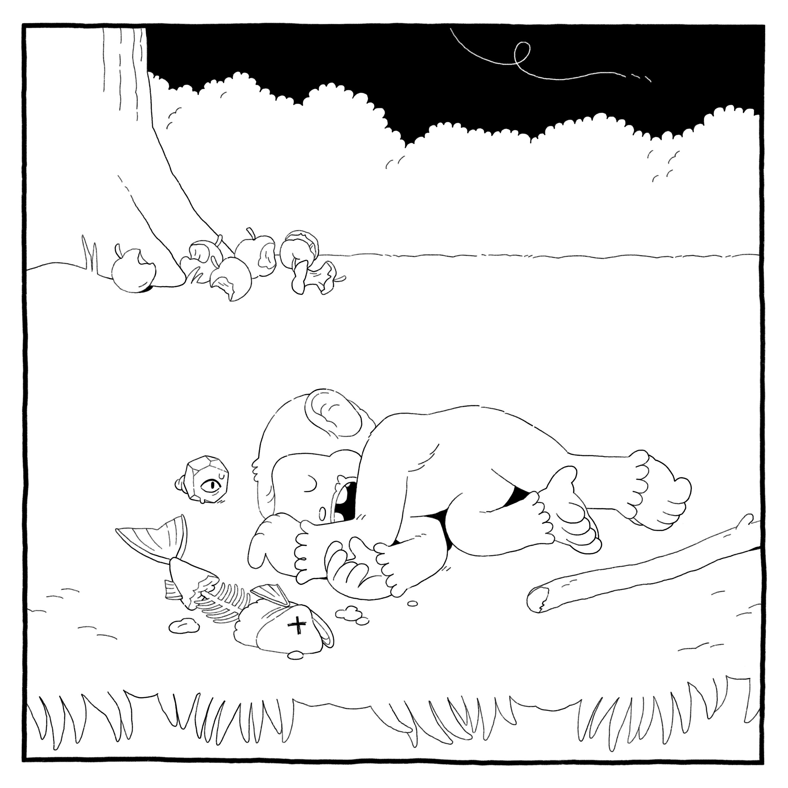 By the time worm-in-a-rock god makes it over to the primate, they are done eating and fast asleep.