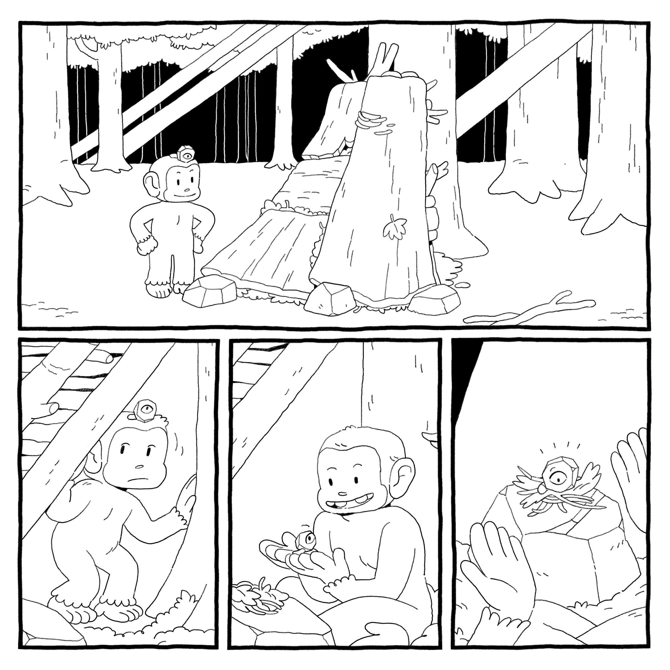 The primate and worm-in-a-rock god look at the finished shelter. The primate steps into the shelter and places worm-in-a-rock god on a rock inside.