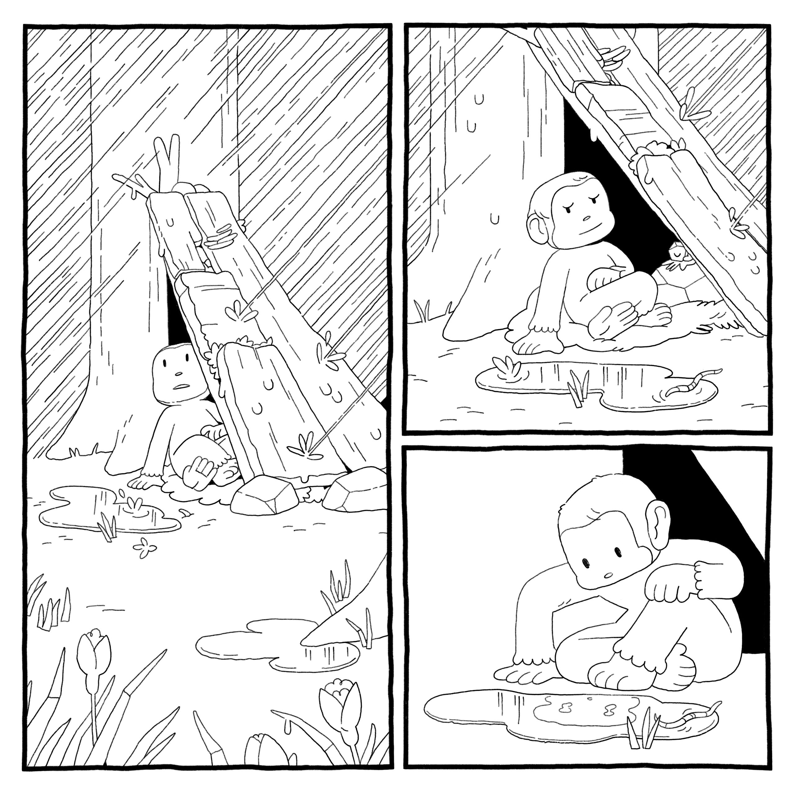 The primate sits in their shelter, placidly watching the rain. Worm-in-a-rock god snoozes on its rock. The primate looks into a puddle, seeing their reflection.
