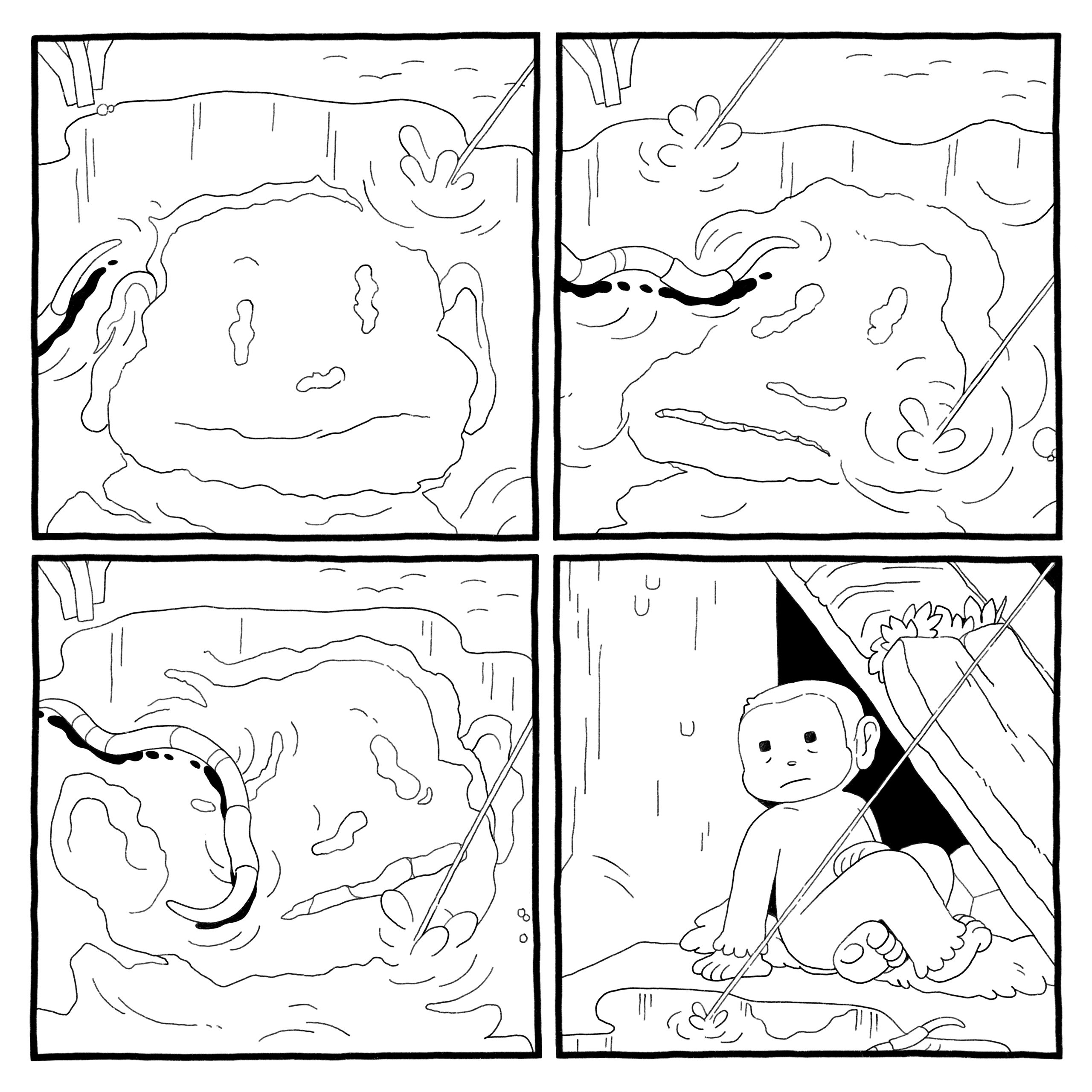 The primate sees a distorted reflection of themself, and a worm writes through the puddle. The sight appears to leave the primate bothered.