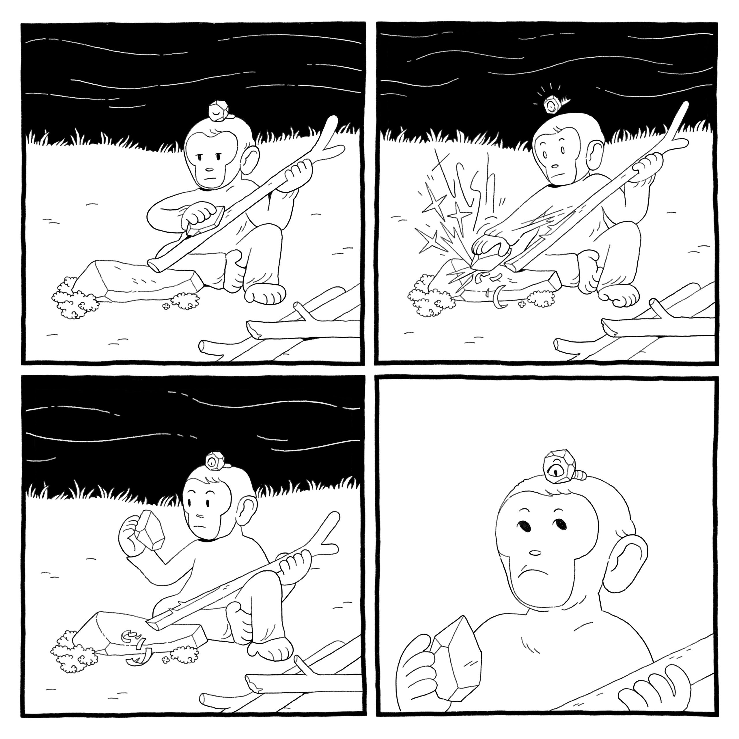 The primate is sharpening a stick by the river with worm-in-a-rock god on their head.  The primate accidentally strikes the rock they’re using to sharpen the stick against a larger rock, and it lets off sparks — surprising the primate and worm-in-a-rock god.