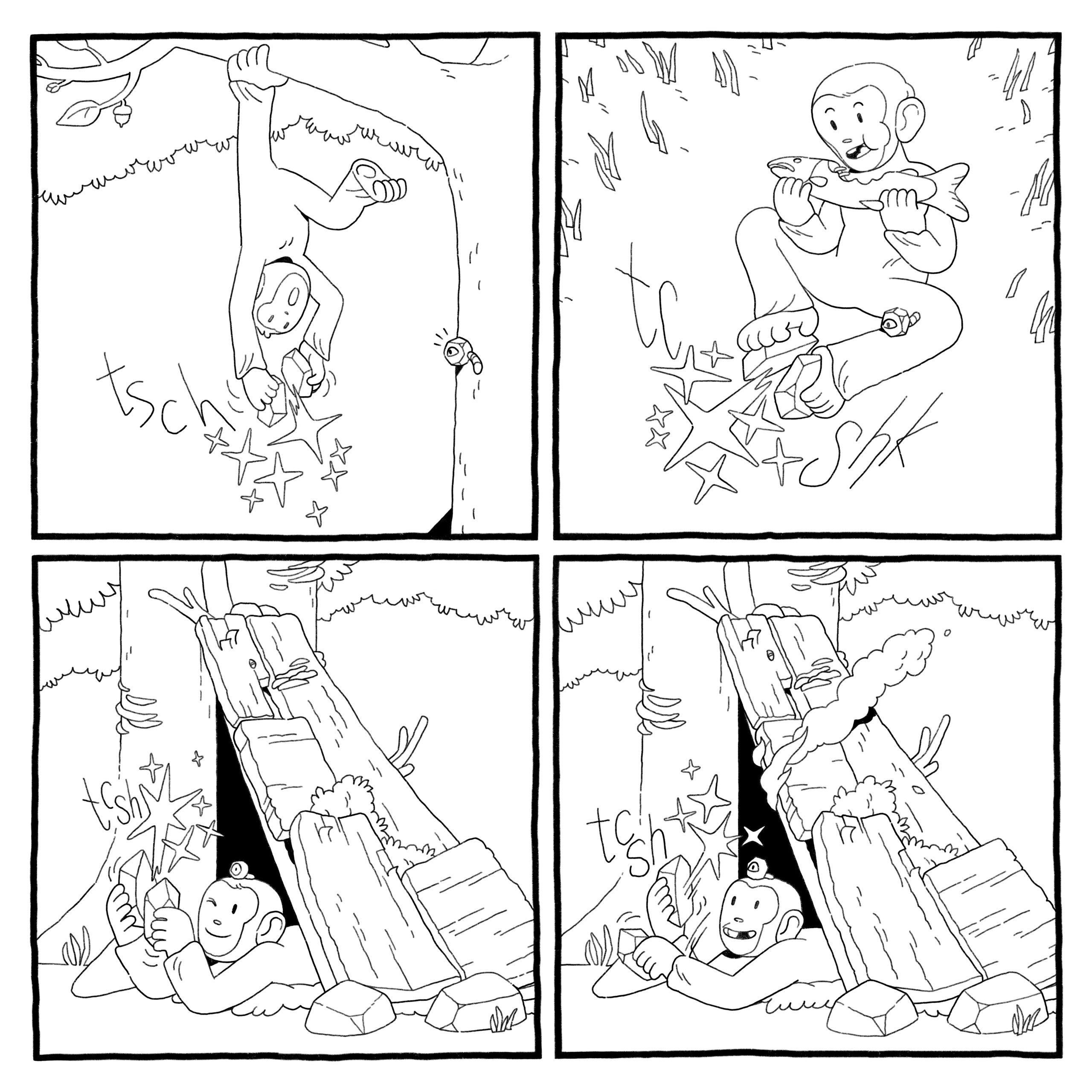 The primate and worm-in-a-rock god are having fun hitting rocks together to create sparks. They do it hanging from a tree branch, while eating, while lying down in their shelter. They do not notice right away as the shelter catches fire.