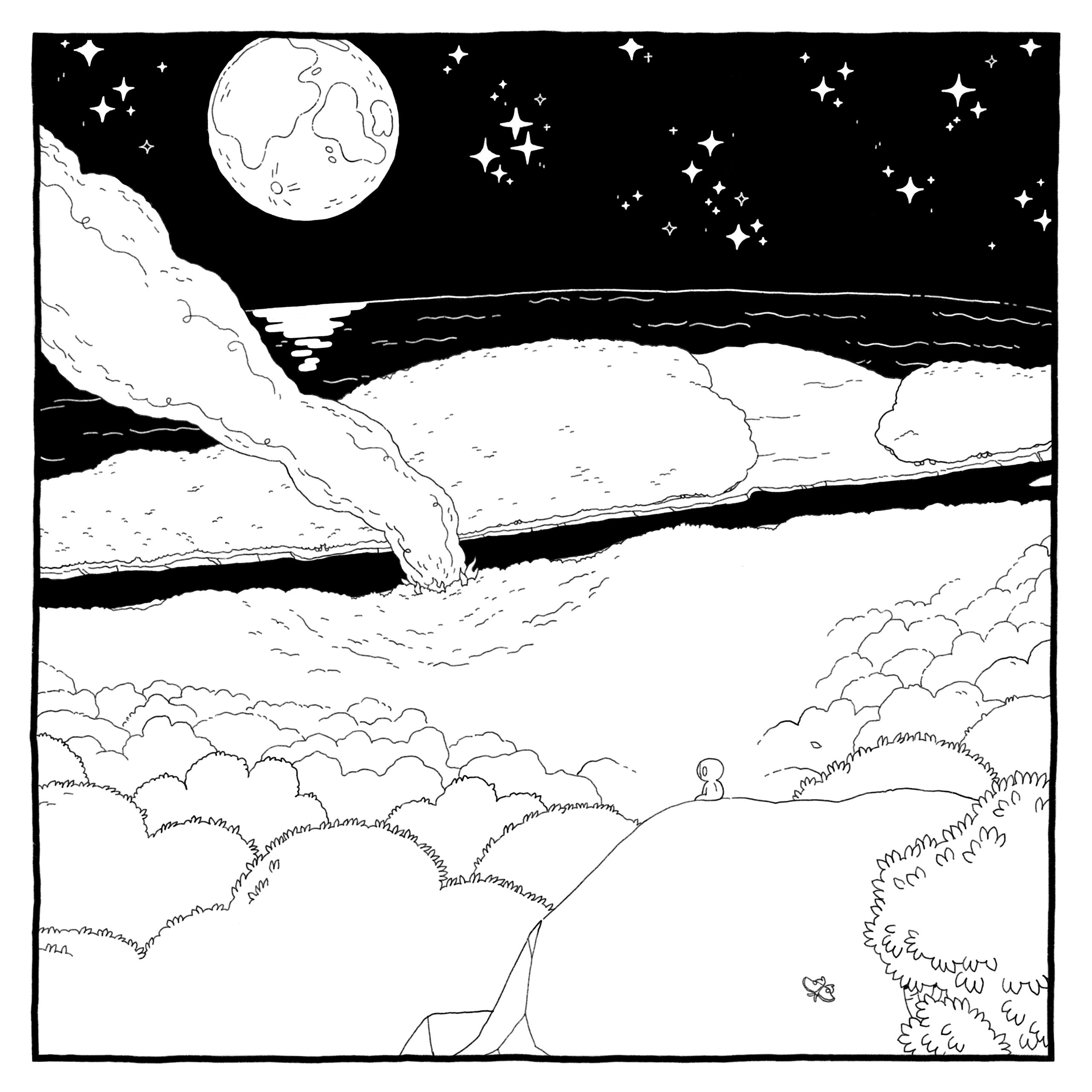 Another primate sits on a cliff overlooking the valley. A plume of smoke rises from a fire in the distance. 