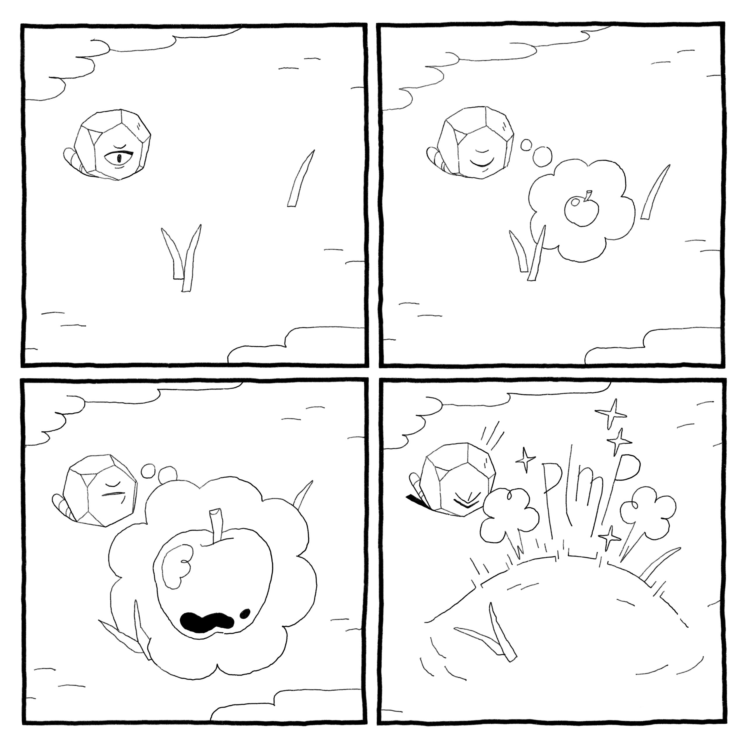 Worm-in-a-rock god envisions an apple and creates it underground.