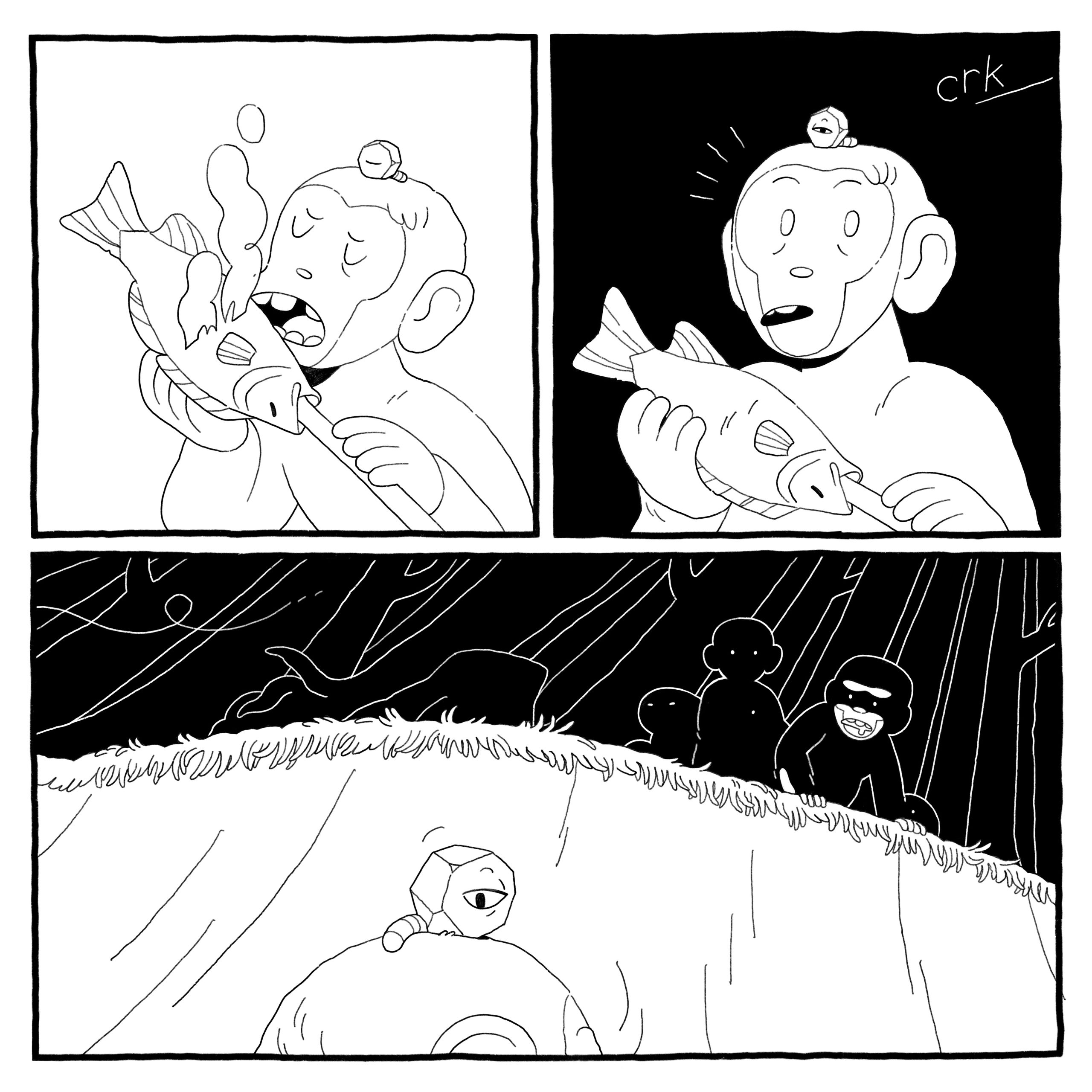The primate prepares to take a bite but a nearby sound makes them pause. Looking over their shoulder, they see a hungry-looking figure shrouded in shadow, and others beyond.