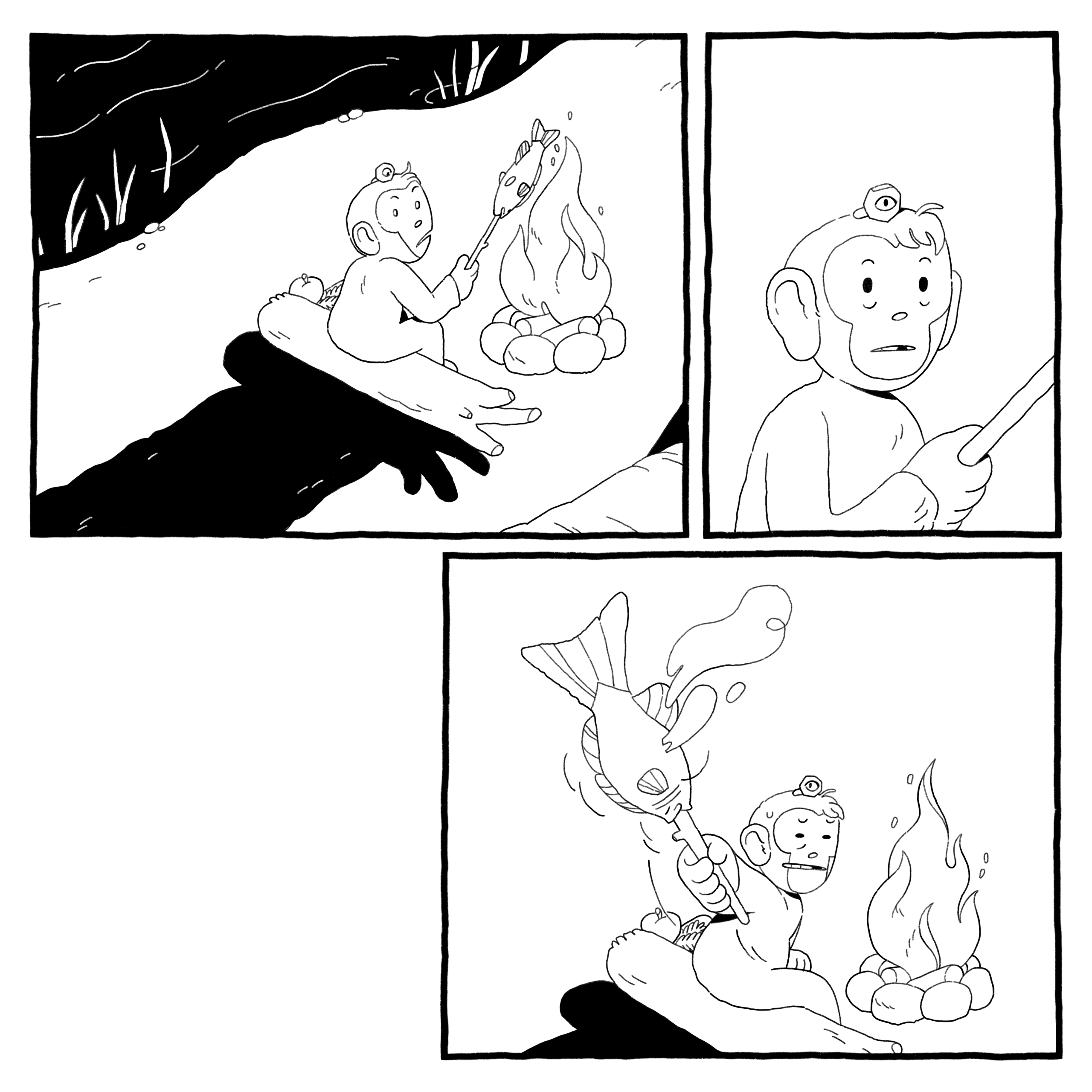 The primate pauses, then offers their fish.