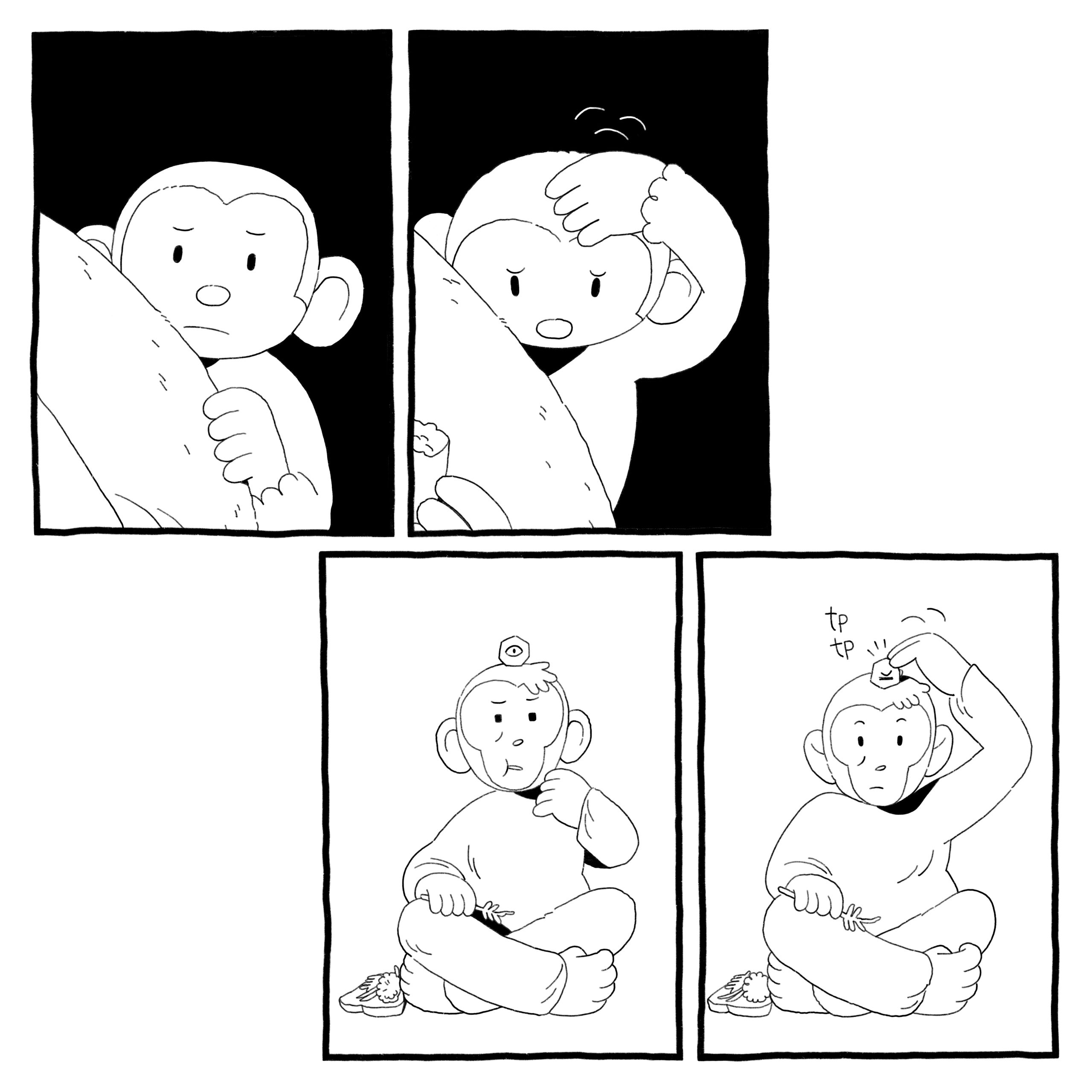 One of the kids looks at the primate anxiously. They reach up and tap the top of their head. The primate copies this gesture and taps on worm-in-a-rock god.