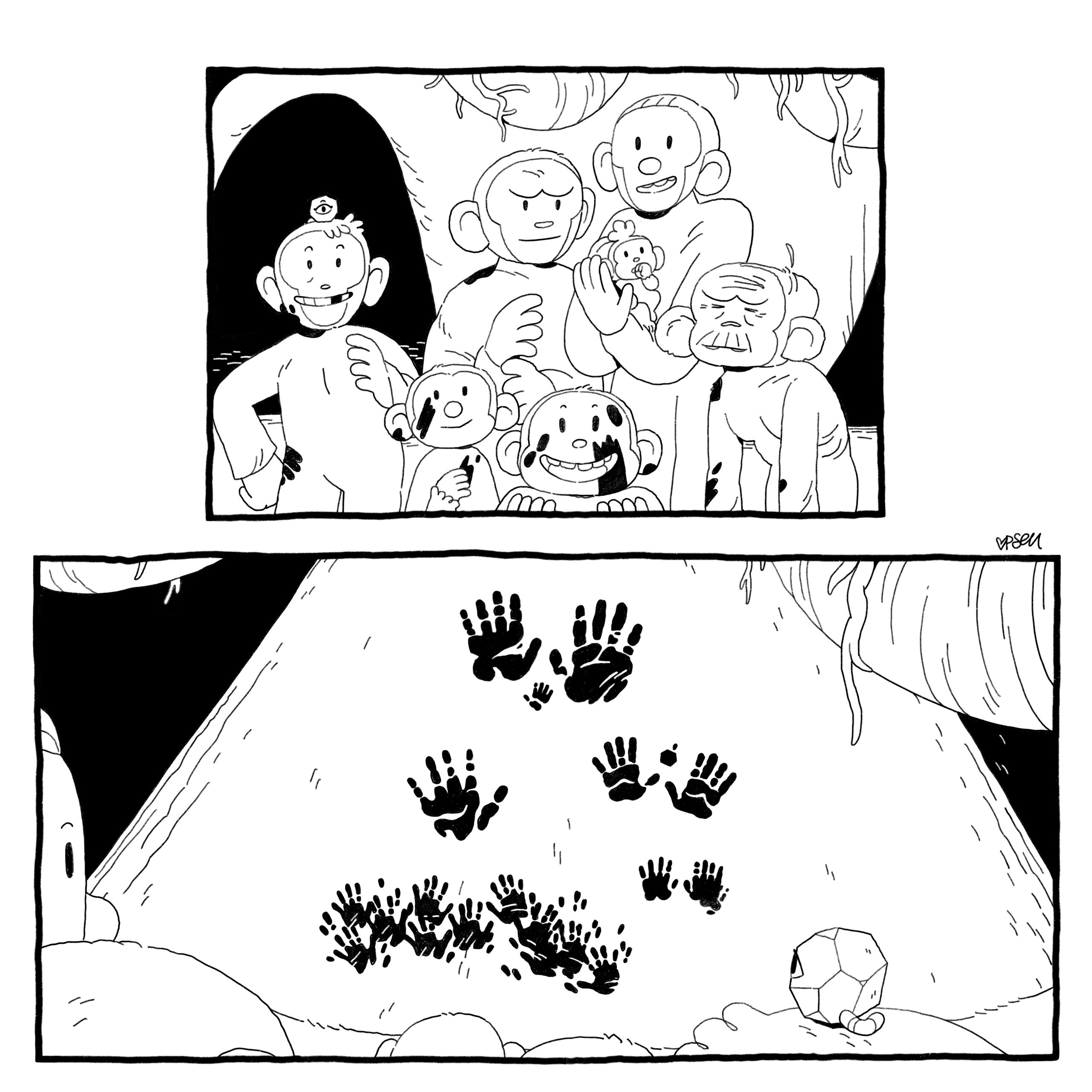 Inside the cave, worm-in-a-rock god, the primate, and the family are gathered and sooty. They are looking at hand prints they each made on the wall.