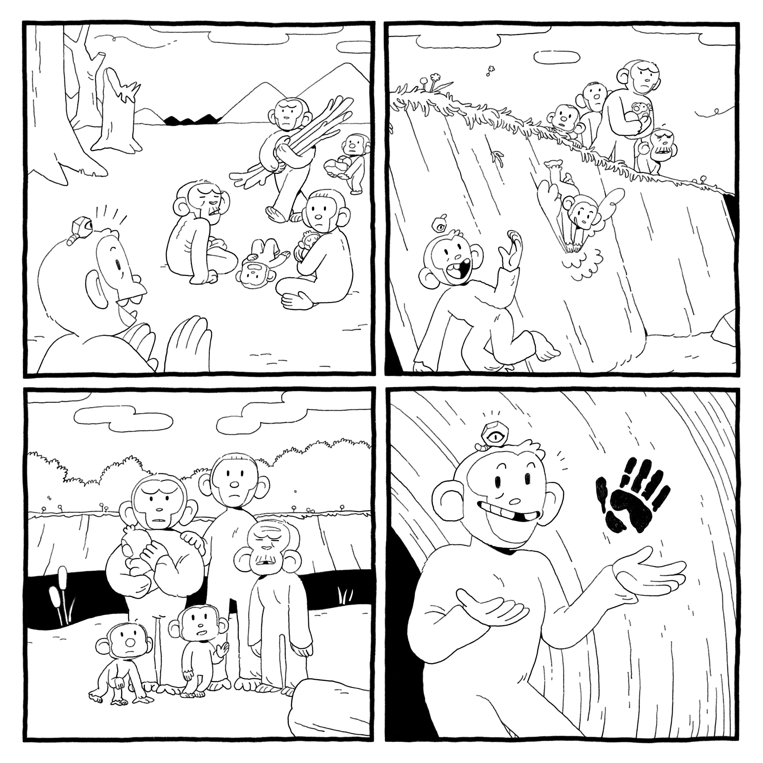 The primate (now with worm-in-a-rock god on their head) calls to the family, and leads the others down to their cave. The family reacts less excitedly to the hand print than the primate and worm-in-a-rock god are to show it off. 