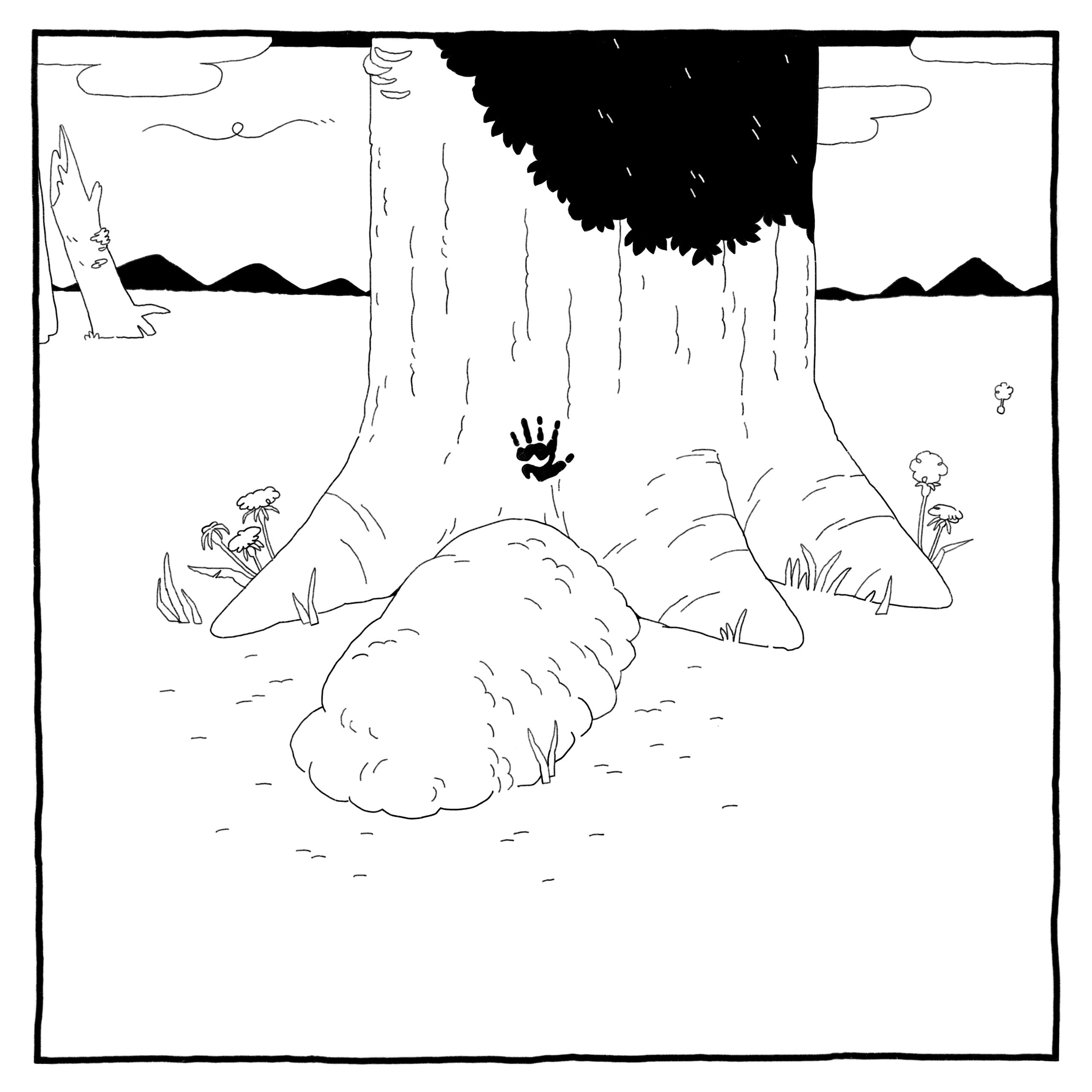 The others buried the old primate under the tree, and made an ashy print of their hand on the bark. 